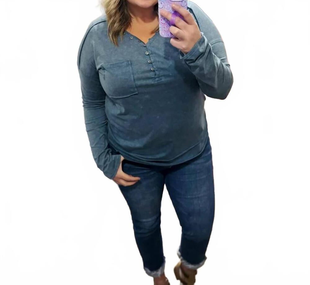 NEW NEW IN mineral washed v neck pocket longsleeve top in teal